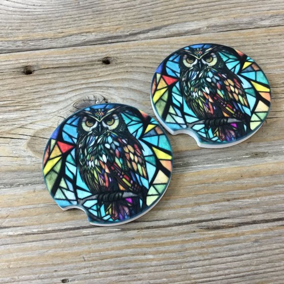 Owl Faux Stained Glass Car Coasters - Set of 2 - Picture 2 of 7